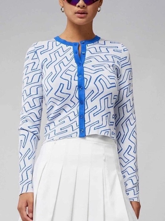 J.Lindeberg Jackets & Blazers - J.Lindeberg White Cardigan Jacket with Blue Geometric Trim, Size S